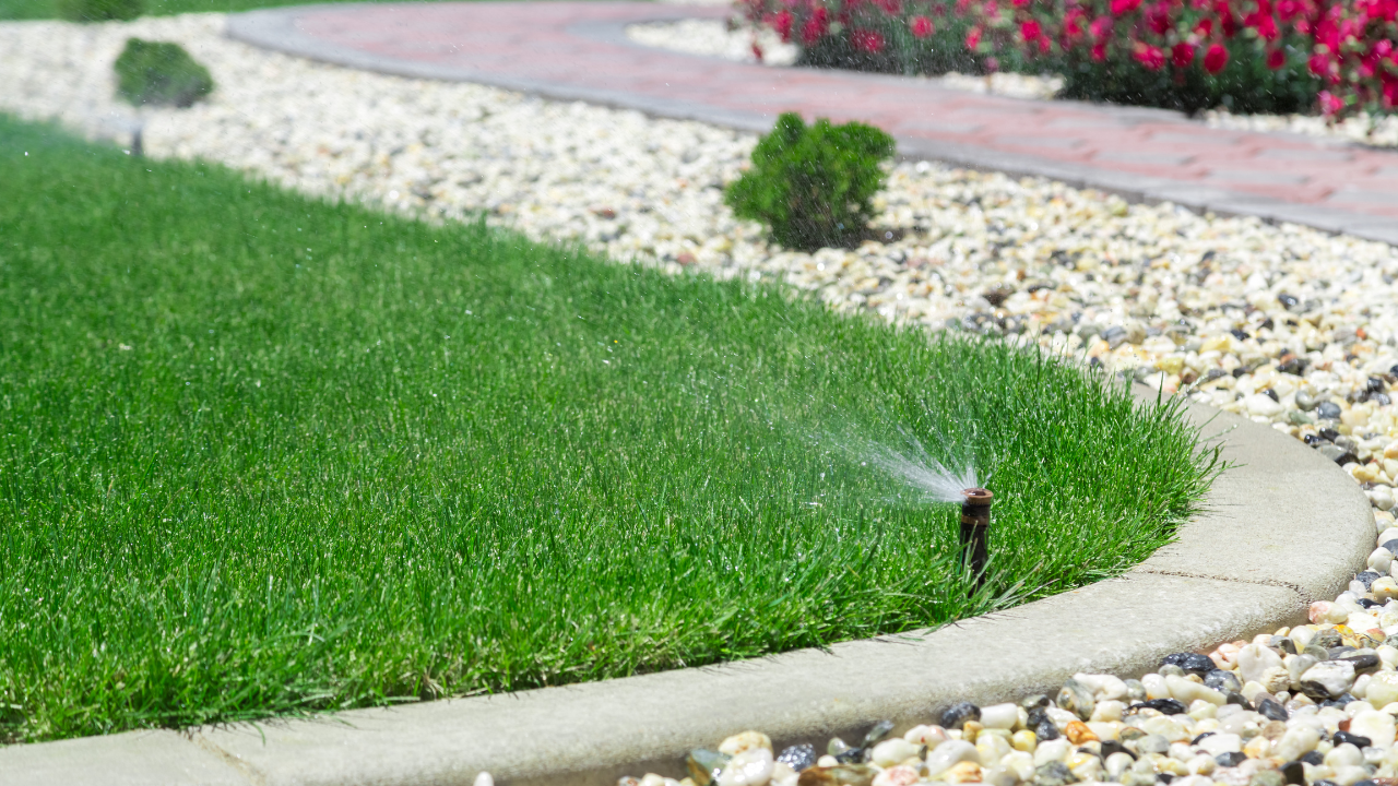 A spray sprinkler head watering a green lawn.
